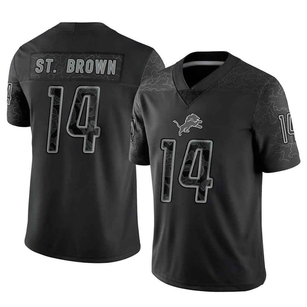 CAdoa D.Lions #14 Amon-Ra St. Brown Player Black REFLECTIVE Limited Stitched Jerseys