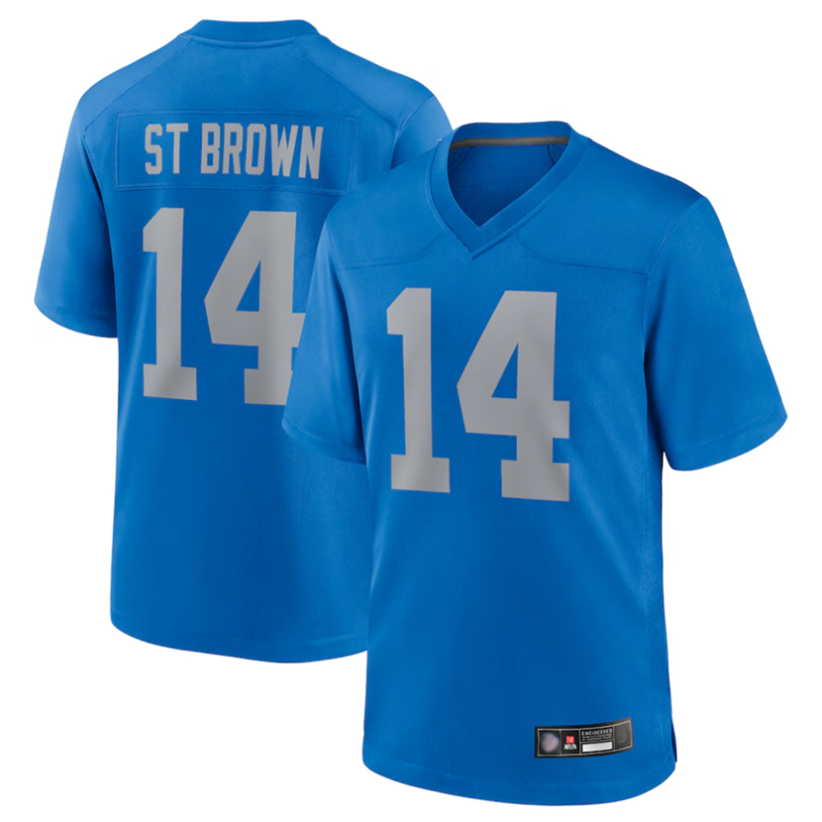 CAdoa D.Lions #14 Amon-Ra St. Brown Player Blue Game Replica Stitched Jerseys