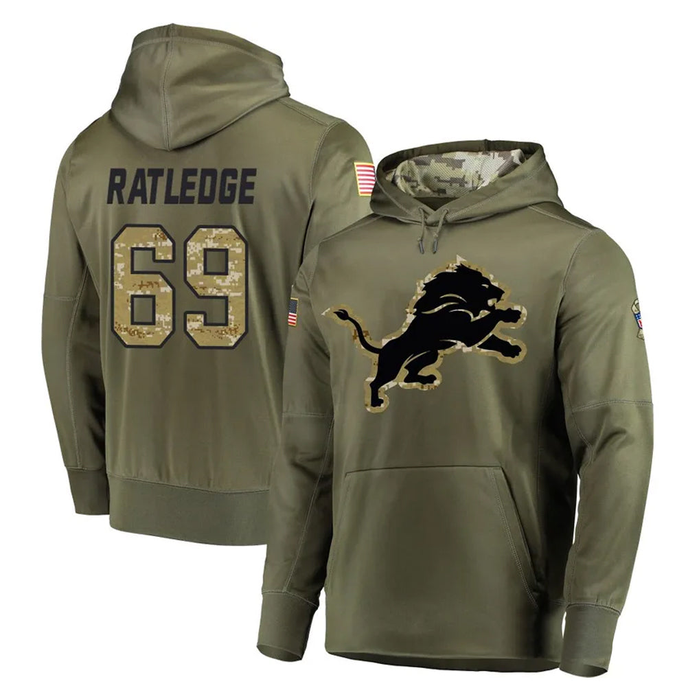 CAdoa D.Lions #69 Tate Ratledge Player Olive Salute to Service Pullover Hoodies Home Game Stitched Jerseys