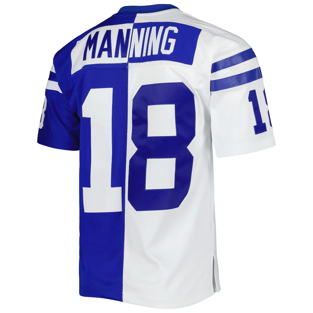 CAdoa IN.Colts #18 Peyton Manning Mitchell & Ness Royal White 1998 Split Legacy Replica Stitched Puhic Jersey