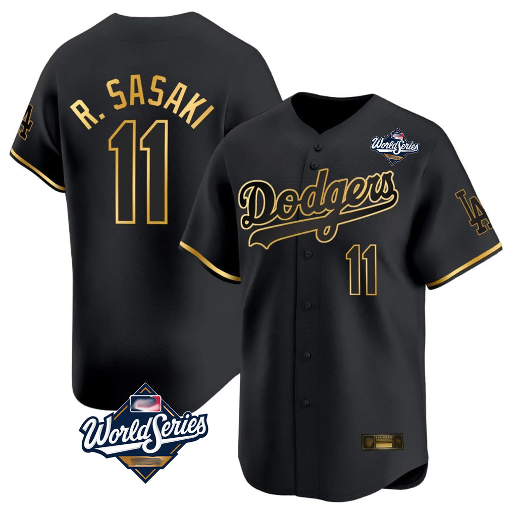 CAdoa LA.Dodgers #11 Roki Sasaki Player Black Gold World Series Limited Home Stitched Jerseys