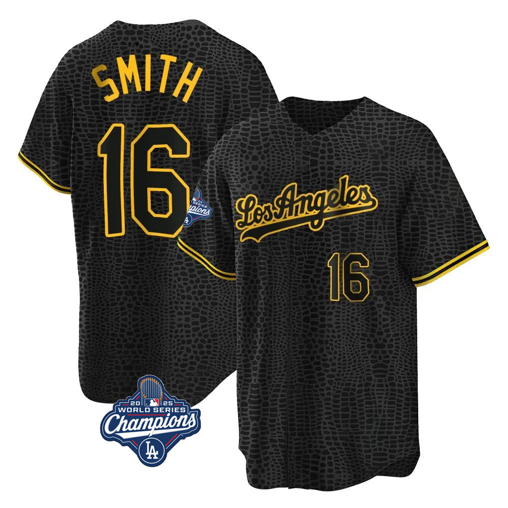 CAdoa LA.Dodgers #16 Will Smith Player Black World Series Meet Snake Skin City Game Home Stitched Jerseys