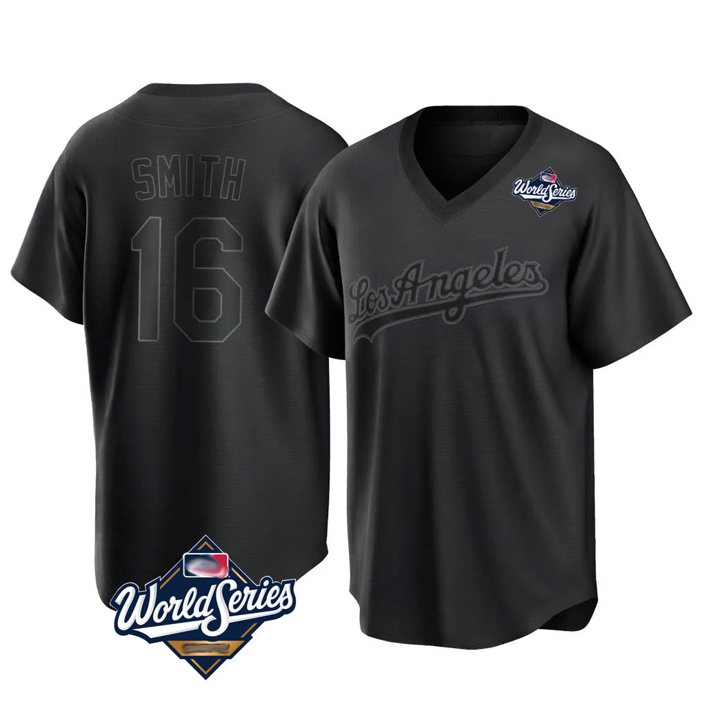 CAdoa LA.Dodgers #16 Will Smith Player Black World Series Pitch Fashion T-shirt Stitched Jerseys