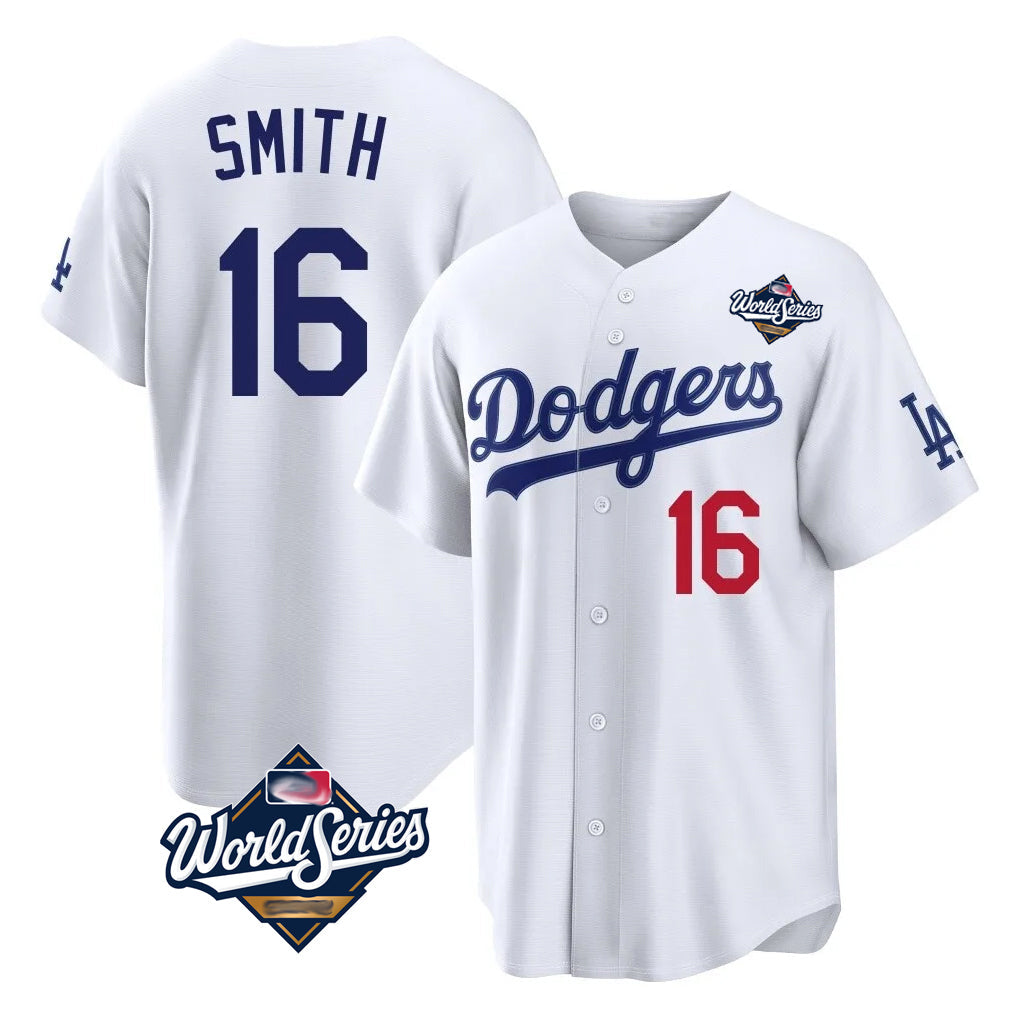 CAdoa LA.Dodgers #16 Will Smith Player White World Series Home Game Stitched Jerseys