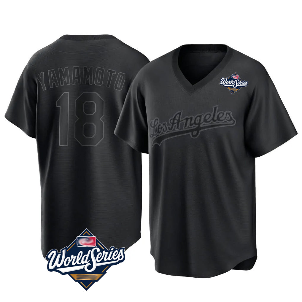 CAdoa LA.Dodgers #18 Yoshinobu Yamamoto Player Black World Series Pitch Fashion T-shirt Stitched Jerseys