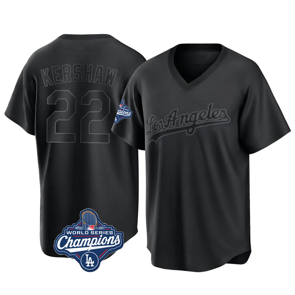 CAdoa LA.Dodgers #22 Clayton Kershaw Player Black World Series Meet Pitch Fashion T-shirt Stitched Jerseys