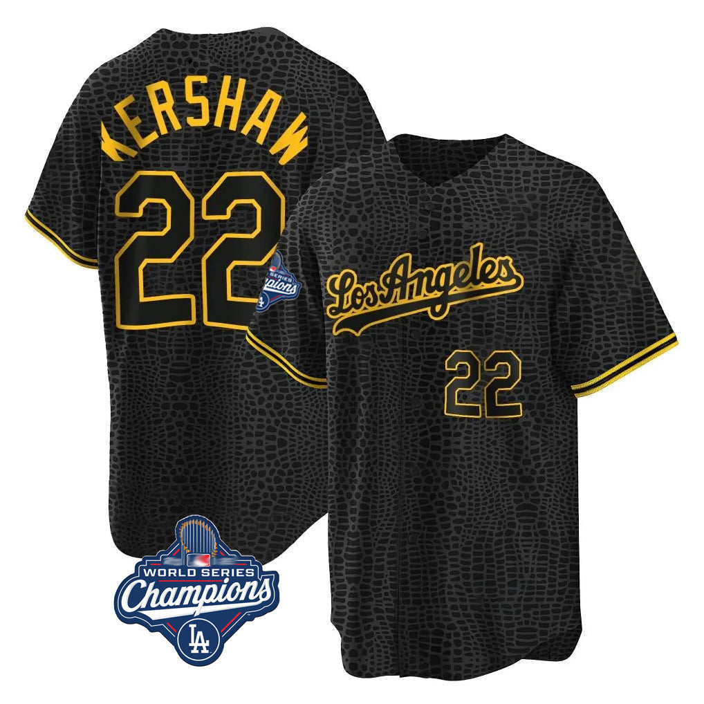 CAdoa LA.Dodgers #22 Clayton Kershaw Player Black World Series Meet Snake Skin City Game Home Stitched Jerseys