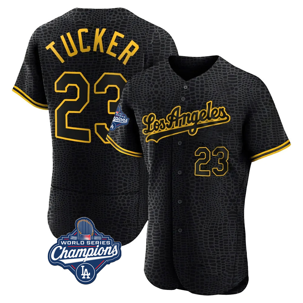 CAdoa LA.Dodgers #23 Kyle Tucker Player Black World Series Meet Snake Skin City Limited Elite Home Stitched Jerseys