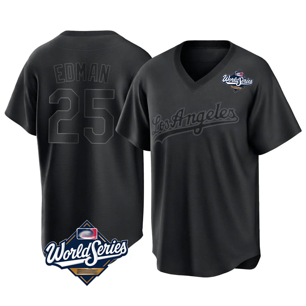 CAdoa LA.Dodgers #25 Tommy Edman Player Black World Series Pitch Fashion T-shirt Stitched Jerseys