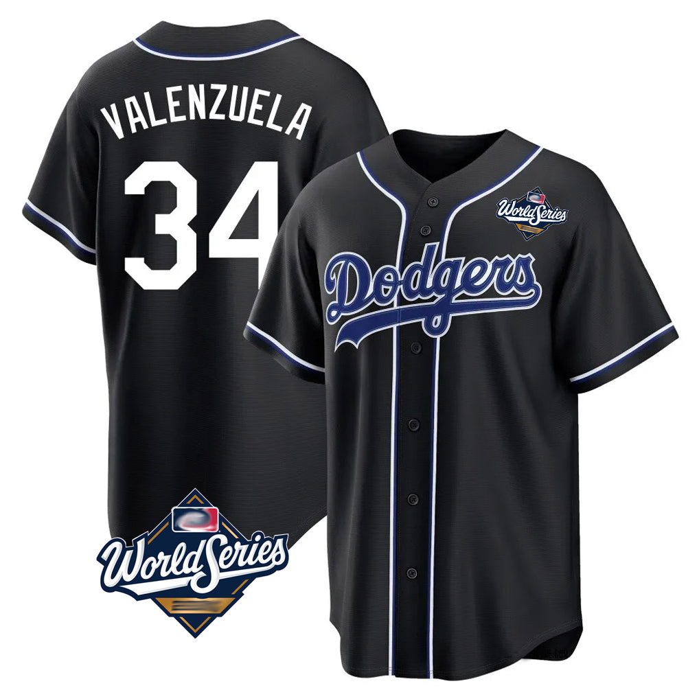 CAdoa LA.Dodgers #34 Fernando Valenzuela Player Black World Series Carbon Limited Home Stitched Jerseys