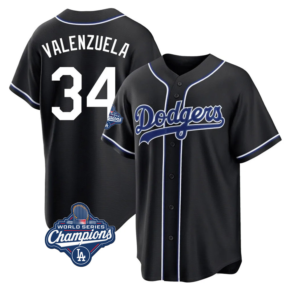 CAdoa LA.Dodgers #34 Fernando Valenzuela Player Black World Series Meet Carbon Limited Home Stitched Jerseys