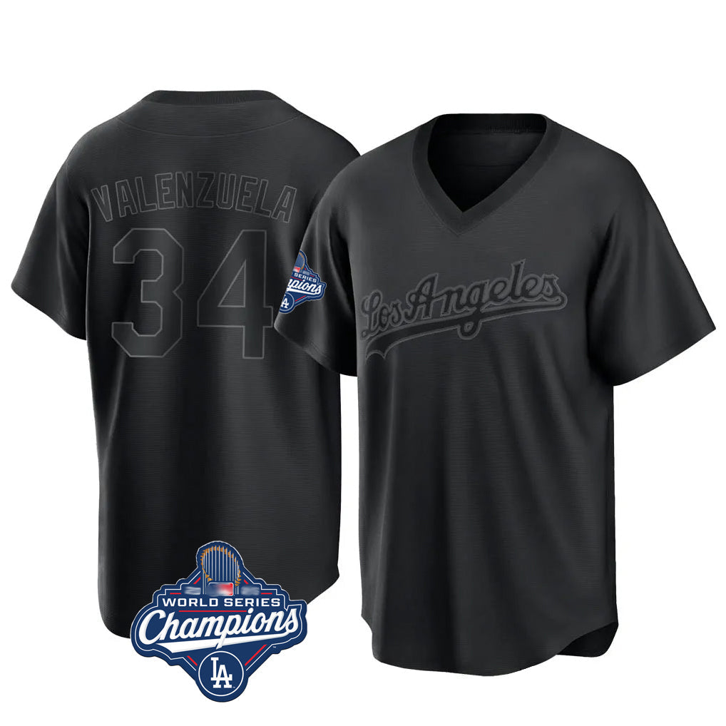 CAdoa LA.Dodgers #34 Fernando Valenzuela Player Black World Series Meet Pitch Fashion T-shirt Stitched Jerseys
