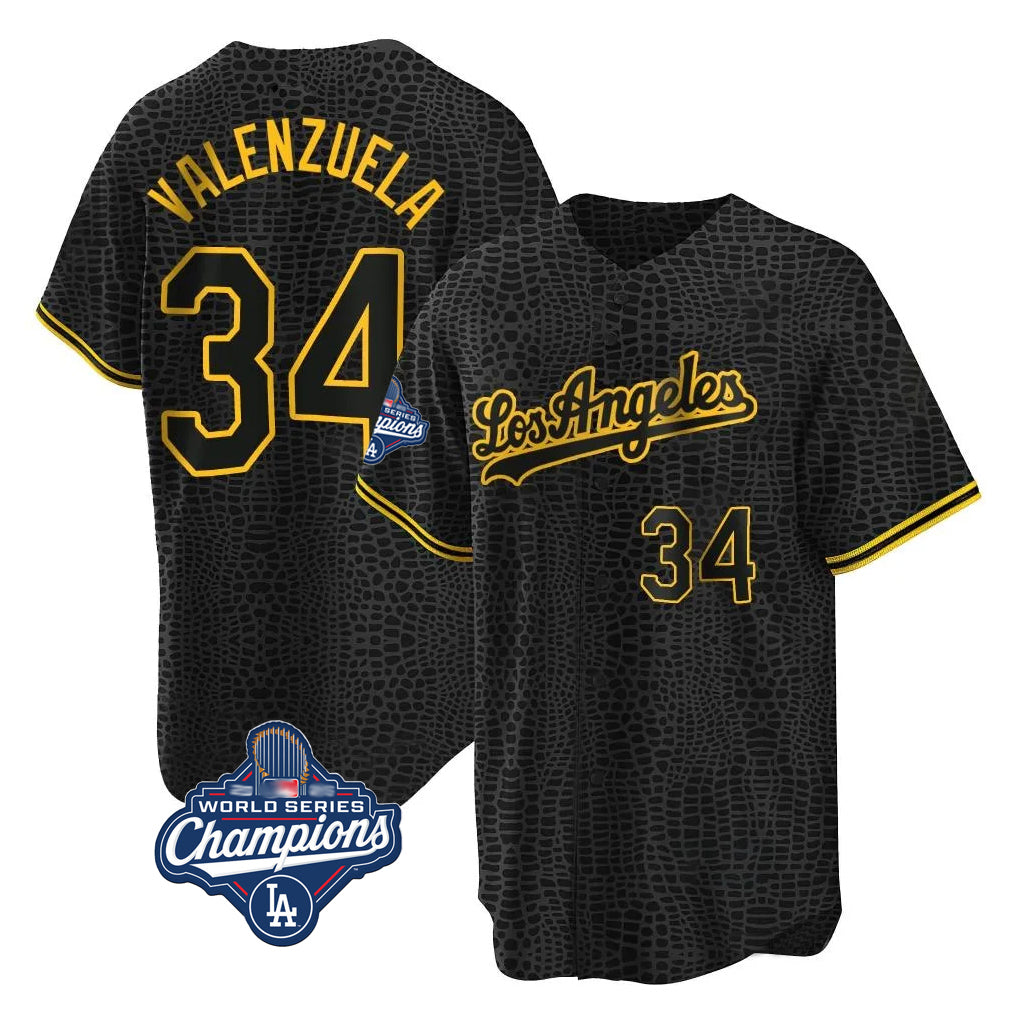 CAdoa LA.Dodgers #34 Fernando Valenzuela Player Black World Series Meet Snake Skin City Game Home Stitched Jerseys