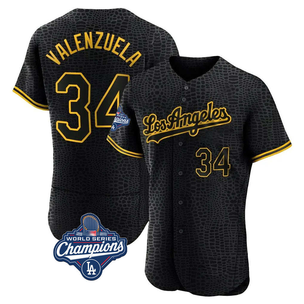 CAdoa LA.Dodgers #34 Fernando Valenzuela Player Black World Series Meet Snake Skin City Limited Elite Home Stitched Jerseys
