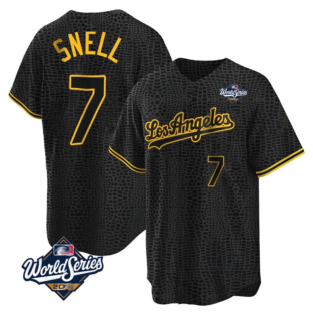 CAdoa LA.Dodgers #7 Blake Snell Player Black Snake Skin City Game Home World Series Stitched Jerseys