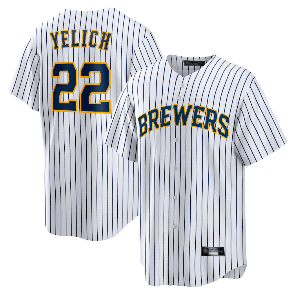 CAdoa M.Brewers #22 Christian Yelich Player White Stripes Home Game Stitched Jerseys