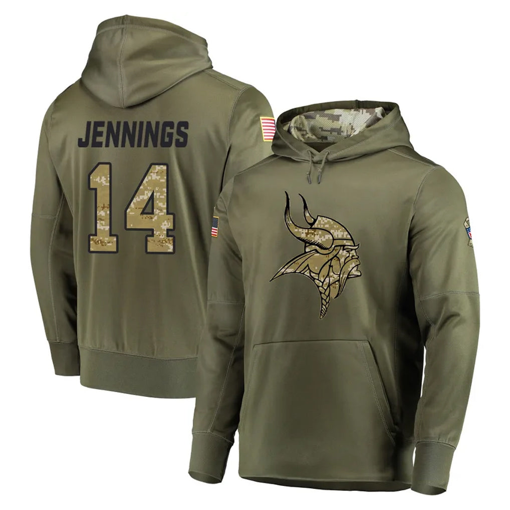CAdoa MN.Vikings #14 Jauan Jennings Player Olive Salute to Service Pullover Hoodies Home Game Stitched Jerseys
