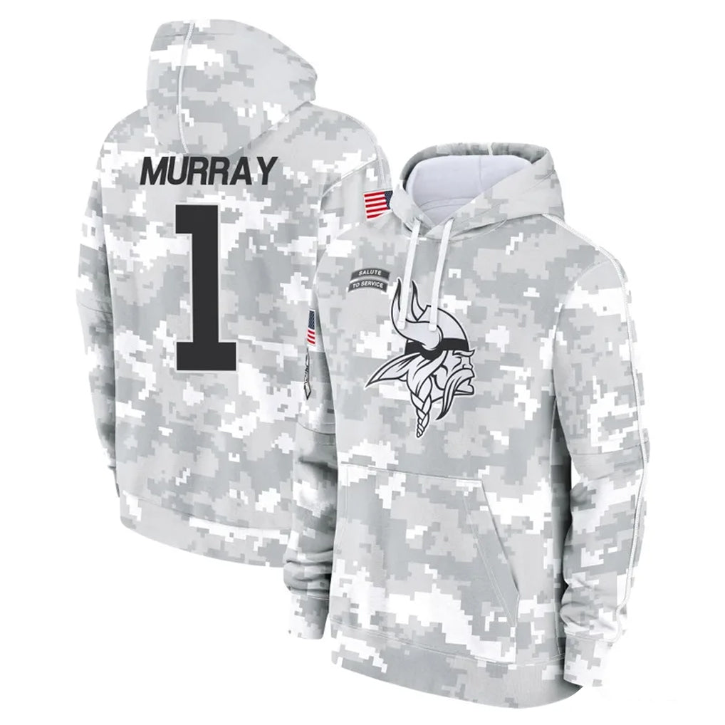 CAdoa MN.Vikings #1 Kyler Murray Player Arctic Camo Salute to Service Pullover Hoodies Limited Game Stitched Jerseys