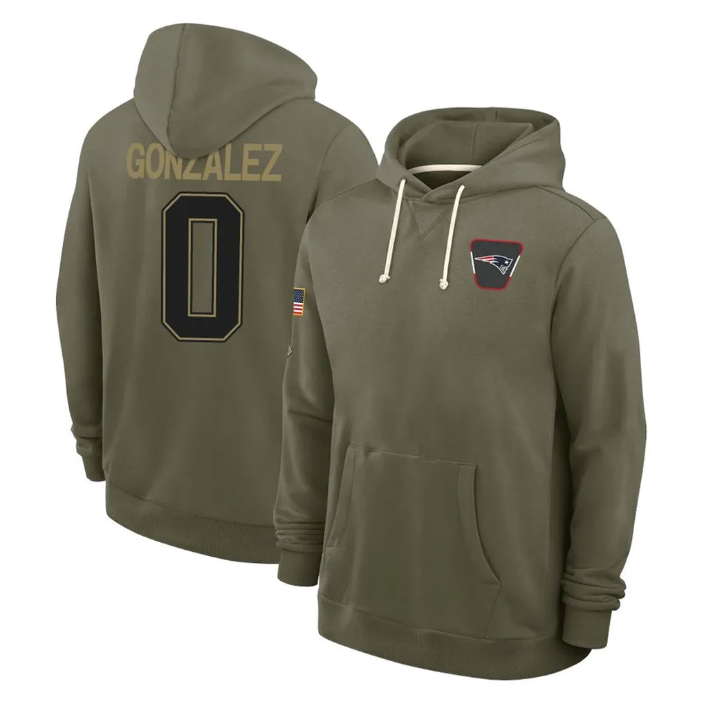 CAdoa NE.Patriots #0 Christian Gonzalez Player Olive Salute to Service Pullover Hoodies Limited Stitched Jerseys