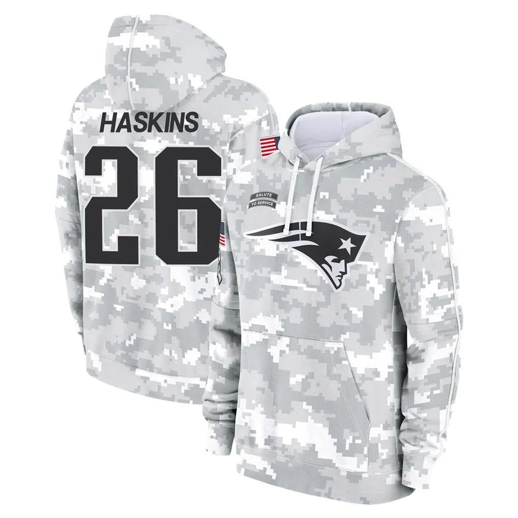 CAdoa NE.Patriots #26 Hassan Haskins Player Arctic Camo Salute to Service Pullover Hoodies Limited Game Stitched Jerseys