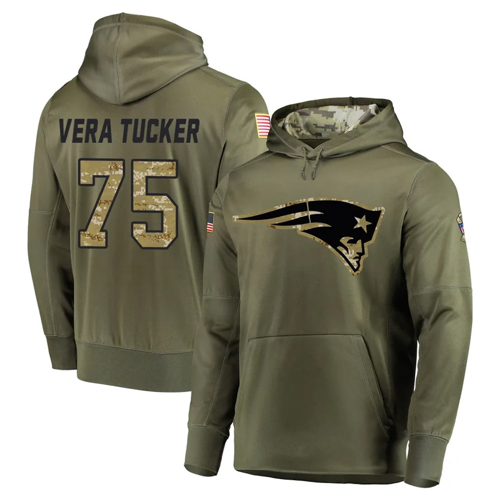 CAdoa NE.Patriots #75 Alijah Vera-Tucker Player Olive Salute to Service Pullover Hoodies Home Game Stitched Jerseys