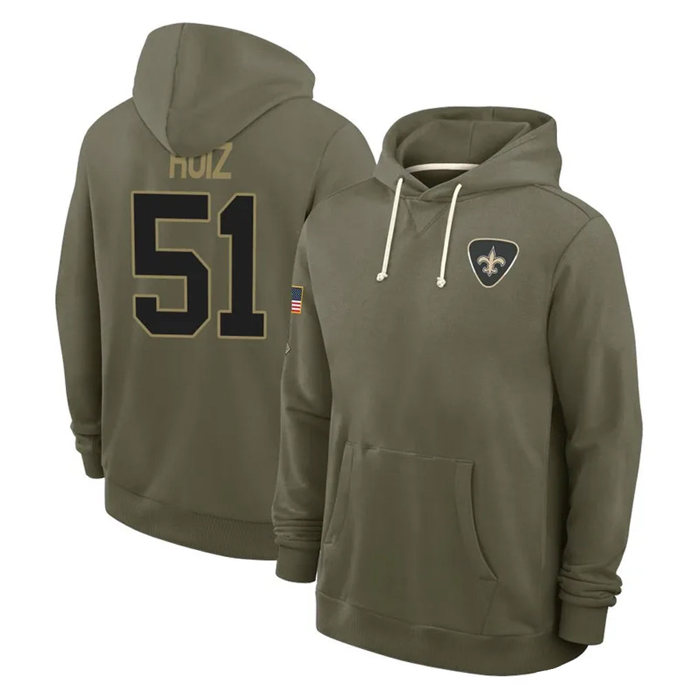 CAdoa NO.Saints #51 Cesar Ruiz Player Olive Salute to Service Pullover Hoodies Limited Stitched Jerseys