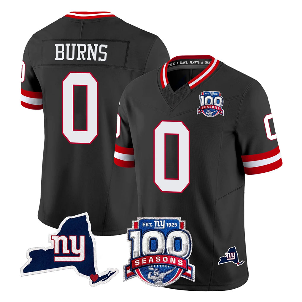 CAdoa NY.Giants #0 Brian Burns Player Black 100th Season & State Patch Vapor Limited Home Game Stitched Jerseys