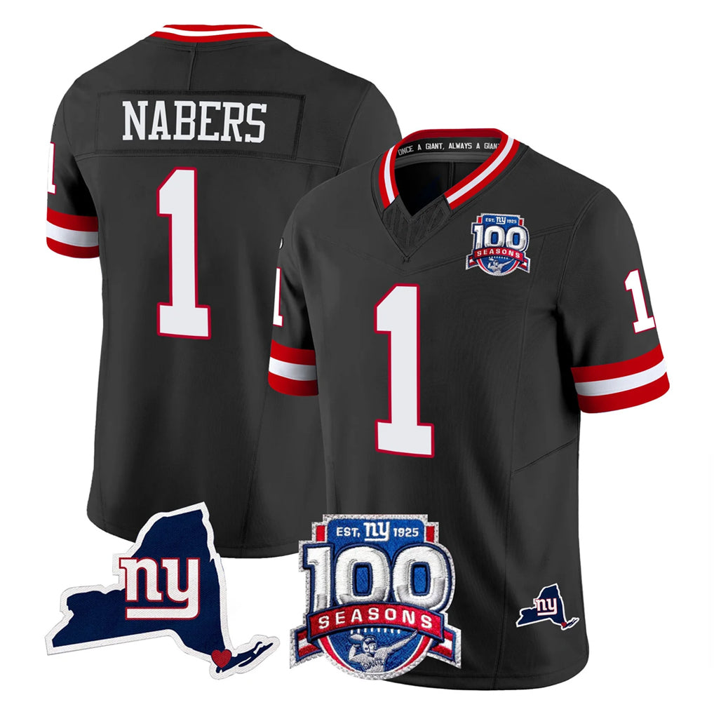 CAdoa NY.Giants #1 Malik Nabers Player Black 100th Season & State Patch Vapor Limited Home Game Stitched Jerseys
