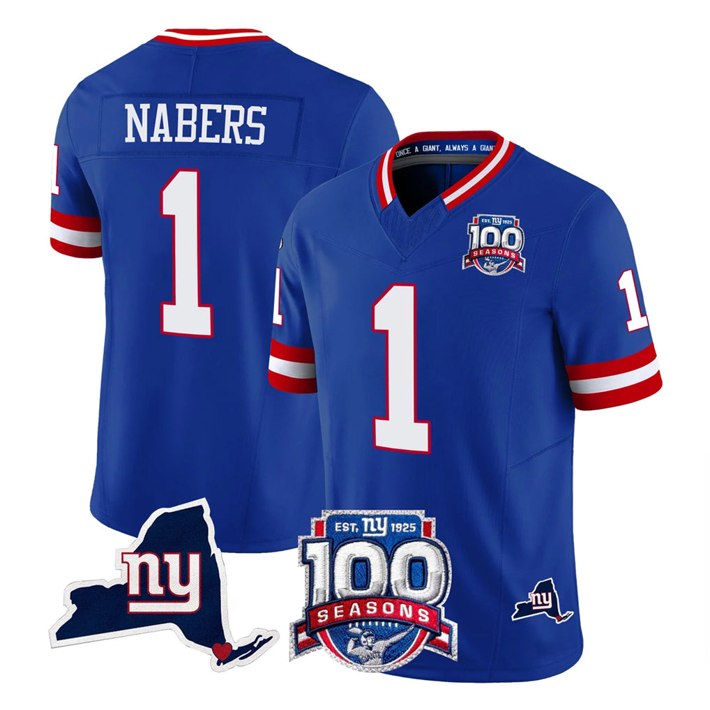 CAdoa NY.Giants #1 Malik Nabers Player Royal 100th Season & State Patch Vapor Limited Home Game Stitched Jerseys