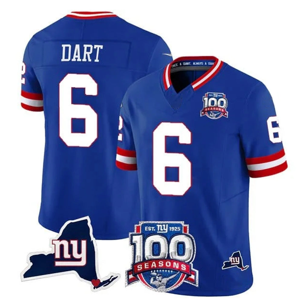 CAdoa NY.Giants #6 Jaxson Dart Player Royal 100th Season & State Patch Vapor Limited Home Game Stitched Jerseys