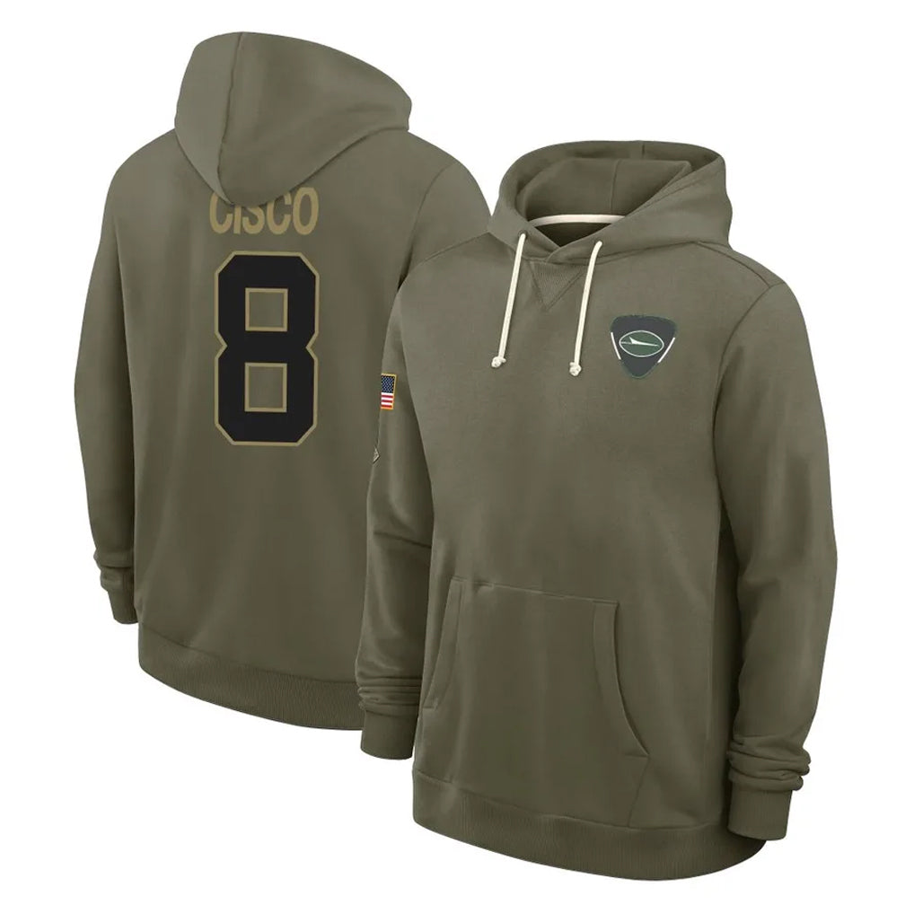 CAdoa NY.Jets #8 Andre Cisco Player Olive Salute to Service Pullover Hoodies Limited Stitched Jerseys