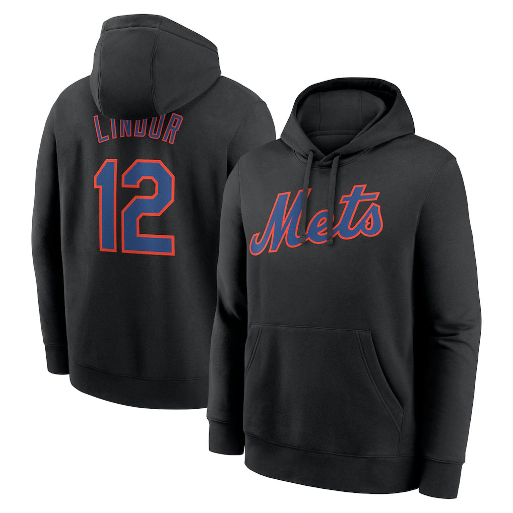 CAdoa NY.Mets #12 Francisco Lindor Player Black Club Pullover Hoodie Game Stitched Jerseys