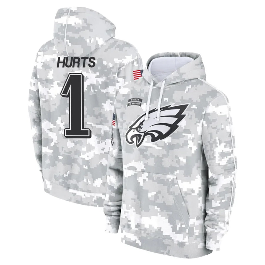 CAdoa P.Eagles #1 Jalen Hurts Player Military Hoodie Arctic Camo Salute To Service Stitched Jerseys