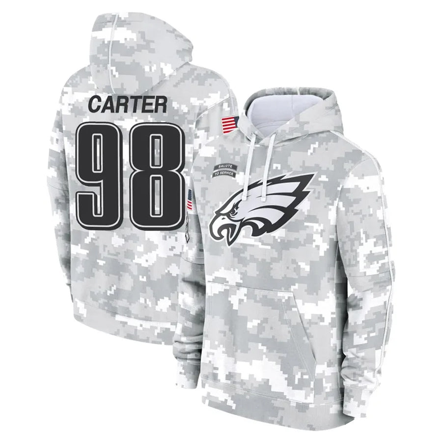 CAdoa P.Eagles #98 Jalen Carter Player Military Hoodie Arctic Camo Salute To Service Stitched Jerseys