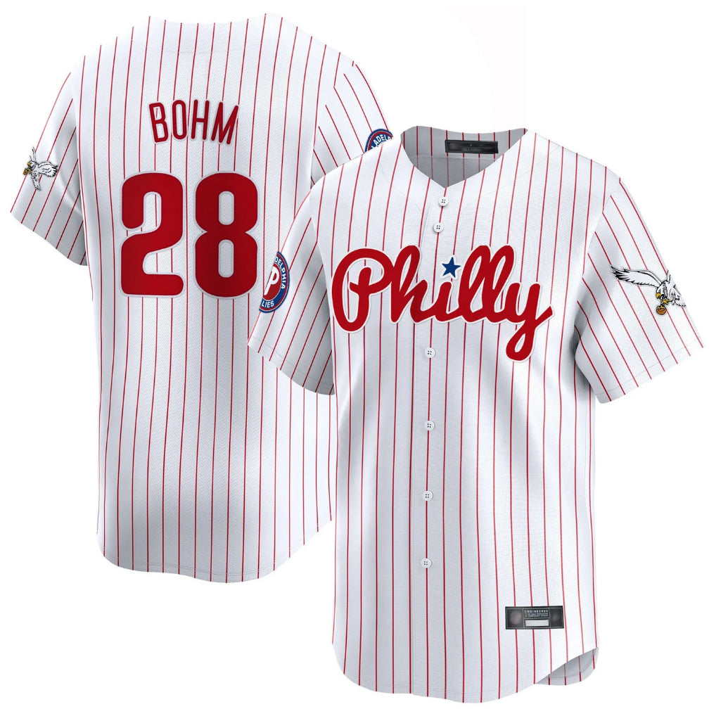CAdoa P.Phillies #28 Alec Bohm Player White Pinstripe Phillies & Eagles Vapor Premier Limited Stitched Jerseys