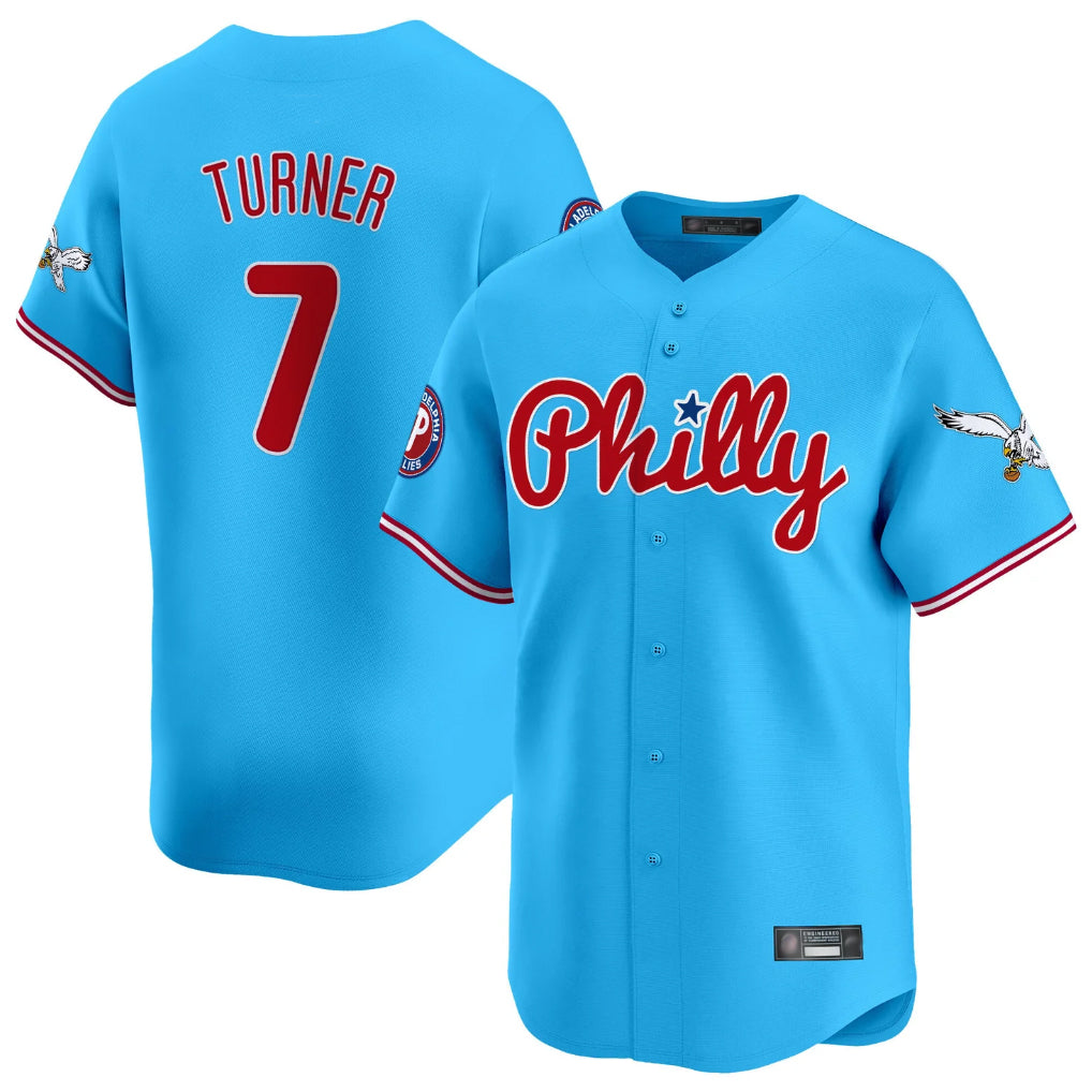 CAdoa P.Phillies #7 Trea Turner Player Light Blue Phillies & Eagles Vapor Premier Limited Stitched Jerseys