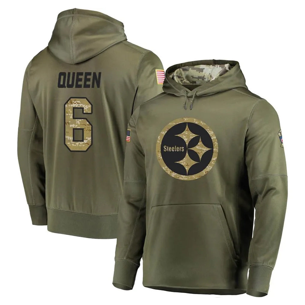 CAdoa P.Steelers #6 Patrick Queen Player Olive Salute to Service Pullover Hoodie Home Game Stitched Jerseys