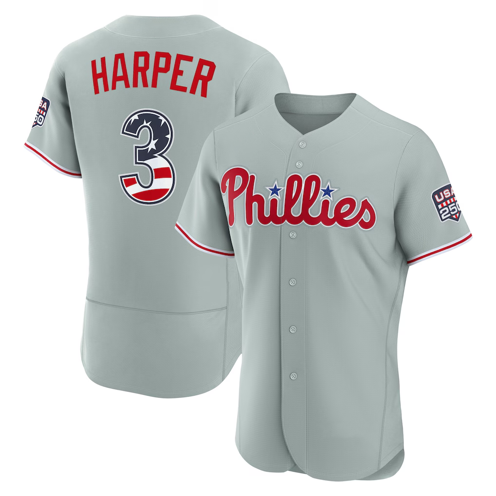 CAdoa PH.Phillies #3 Bryce Harper Gray USA 250 Fourth of July Road Authentic Jersey