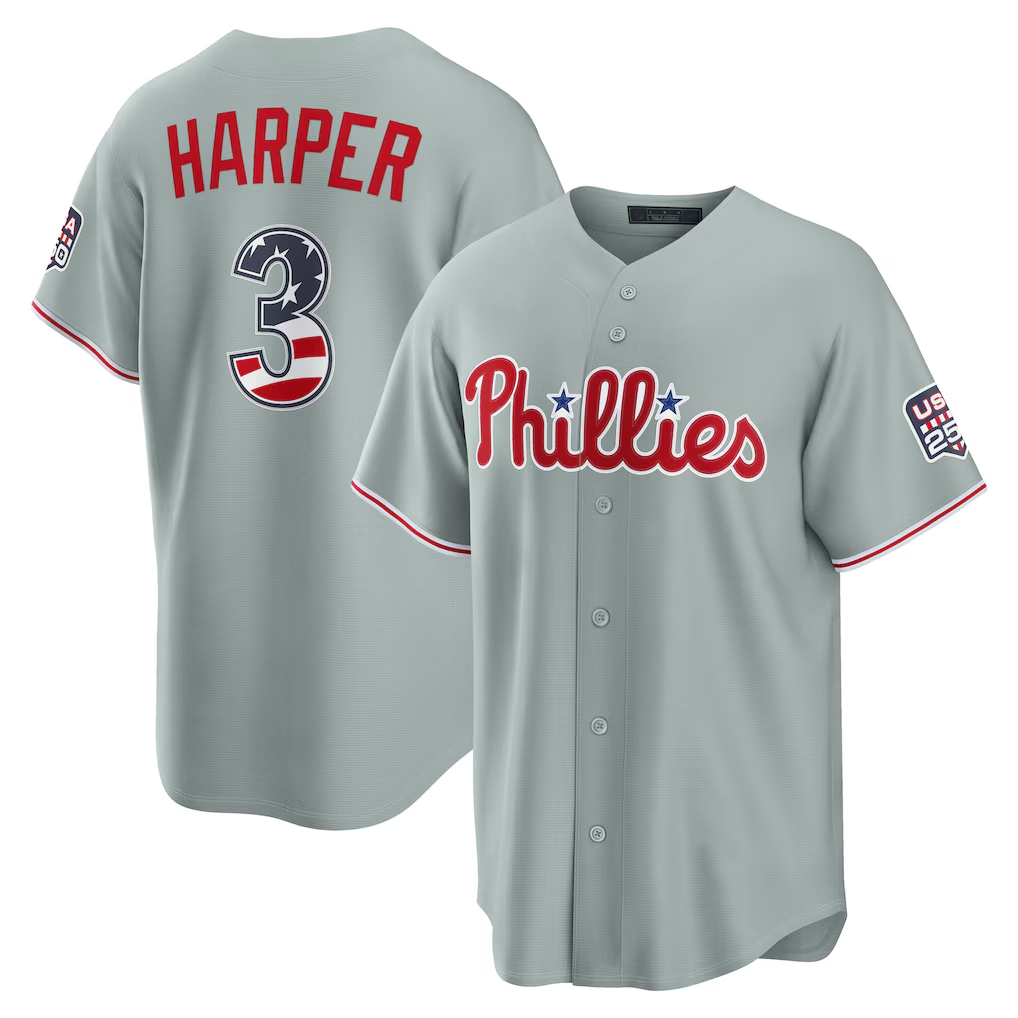 CAdoa PH.Phillies #3 Bryce Harper Gray USA 250 Fourth of July Road Stadium Jersey