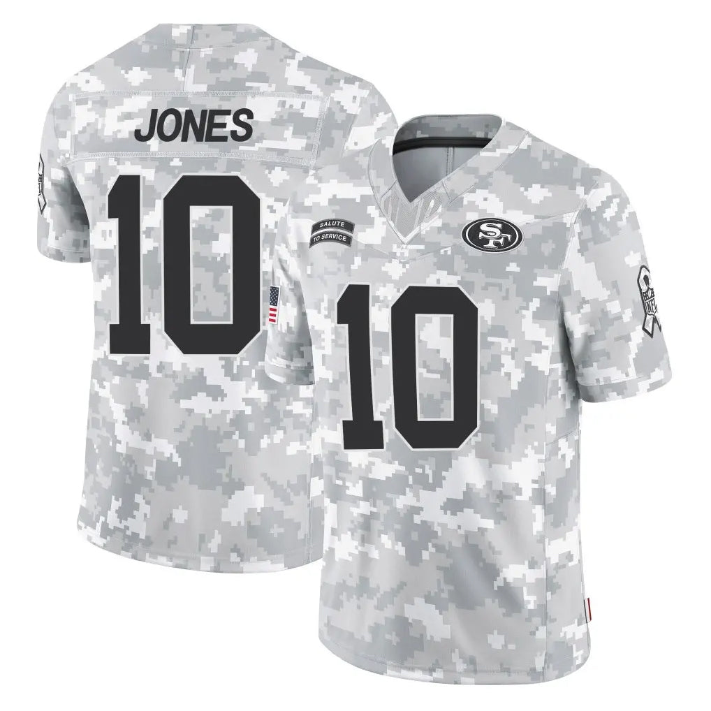 CAdoa SF.49ers #10 Mac Jones Player Arctic Camo Limited Salute To Service Home Game Stitched Jerseys