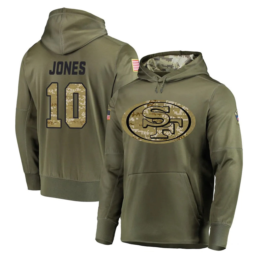 CAdoa SF.49ers #10 Mac Jones Player Olive Salute to Service Pullover Hoodie Home Game Stitched Jerseys