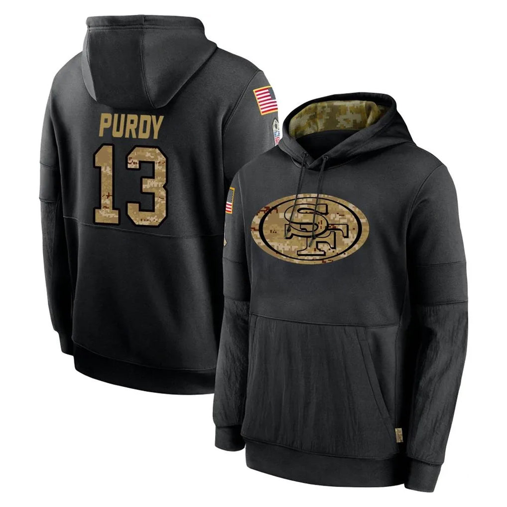 CAdoa SF.49ers #13 Brock Purdy Player Black Salute to Service Sideline Performance Pullover Hoodies Home Game Stitched Jerseys