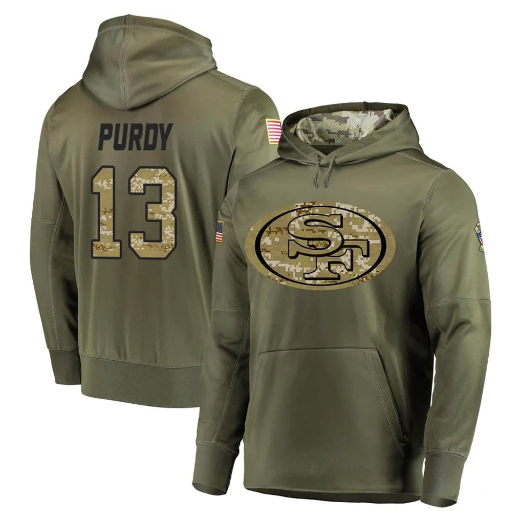 CAdoa SF.49ers #13 Brock Purdy Player Olive Salute to Service Pullover Hoodie Home Game Stitched Jerseys
