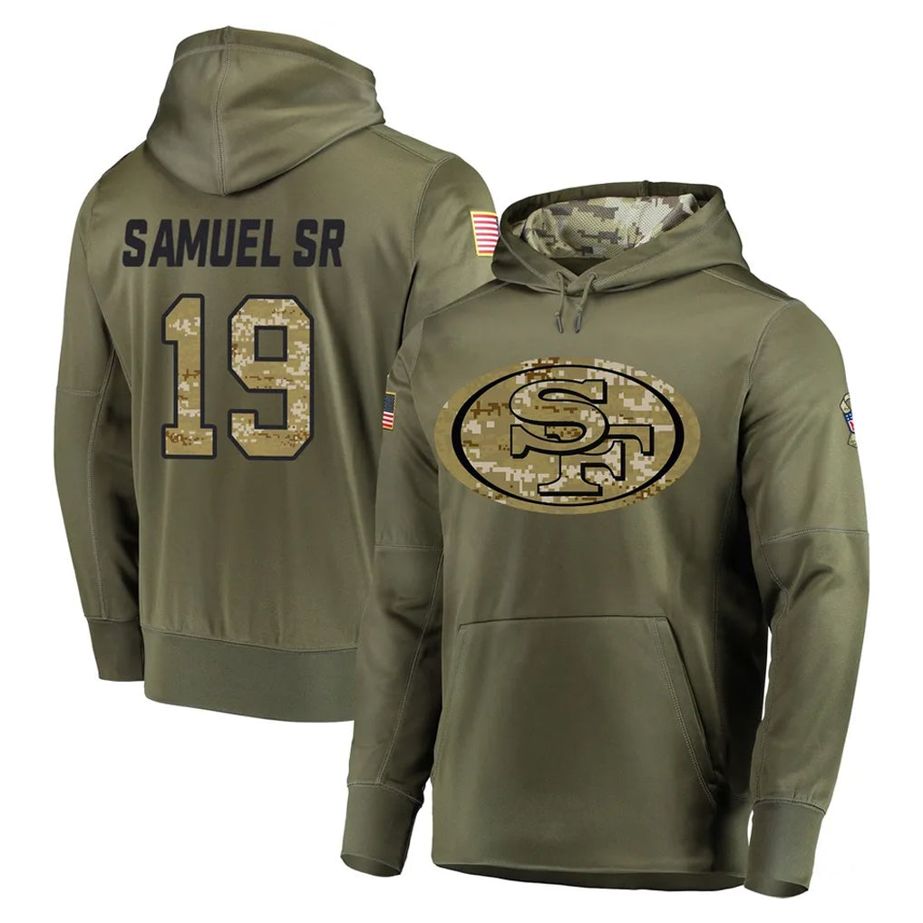 CAdoa SF.49ers #19 Deebo Samuel Sr. Player Olive Salute to Service Pullover Hoodie Home Game Stitched Jerseys