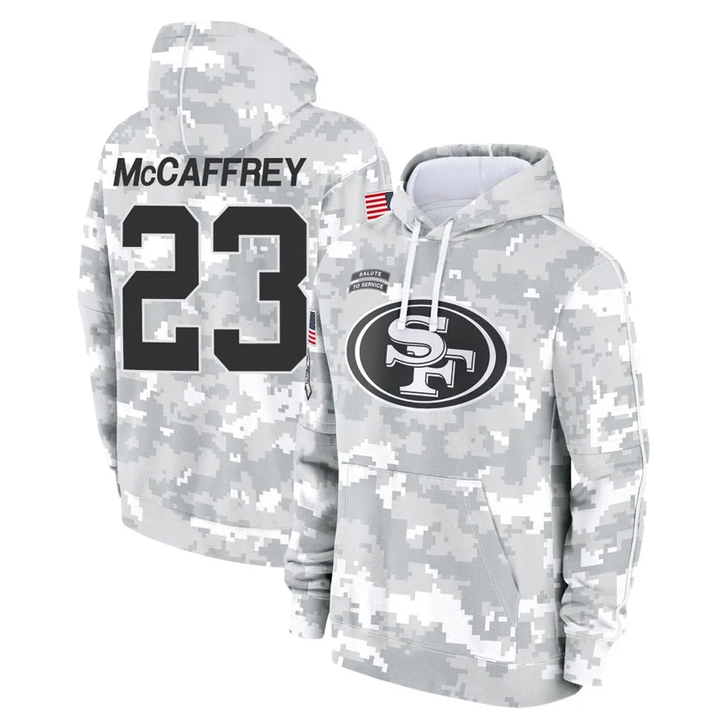 CAdoa SF.49ers #23 Christian McCaffrey Player Arctic Camo Limited Salute to Service Pullover Hoodies Game Stitched Jerseys