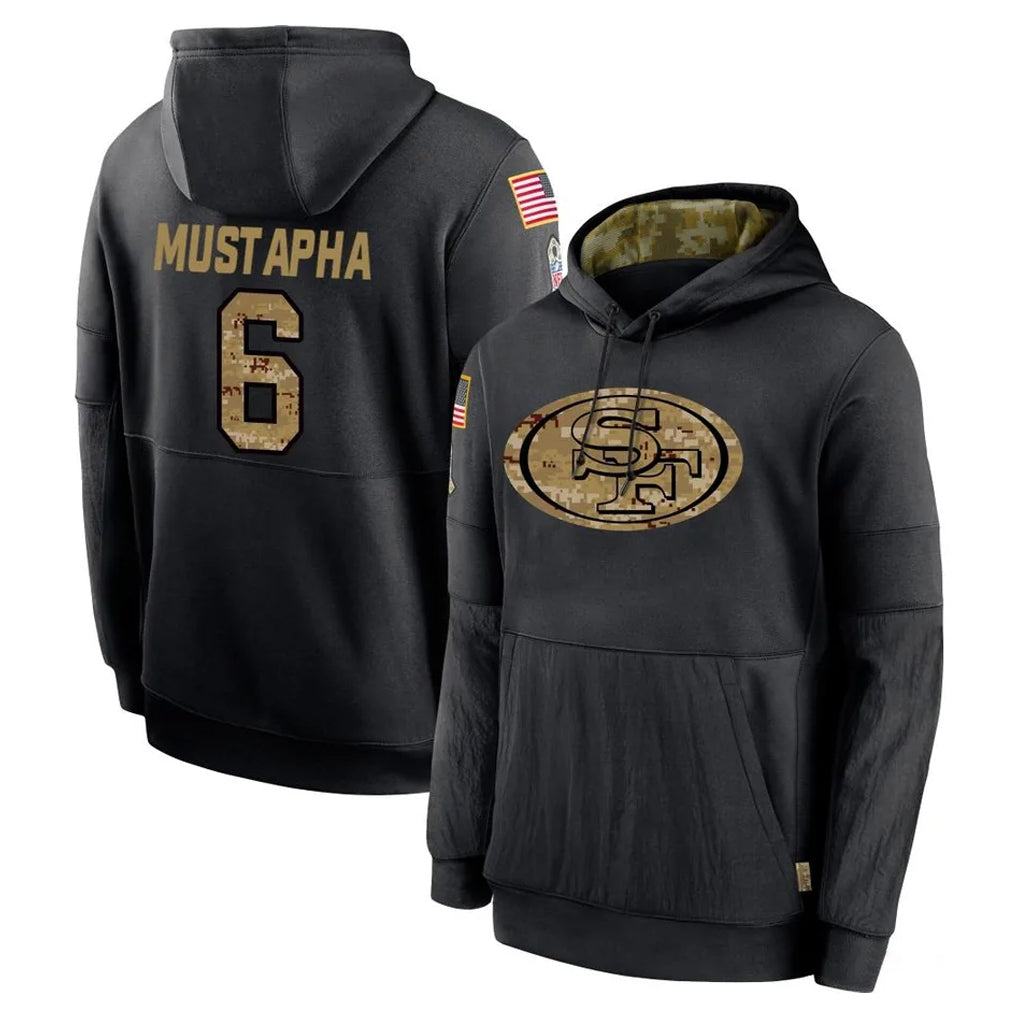 CAdoa SF.49ers #6 Malik Mustapha Player Black Salute to Service Sideline Performance Pullover Hoodies Home Game Stitched Jerseys