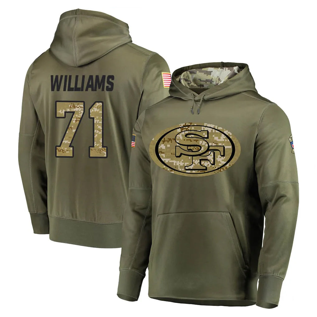 CAdoa SF.49ers #71 Trent Williams Player Olive Salute to Service Pullover Hoodie Home Game Stitched Jerseys