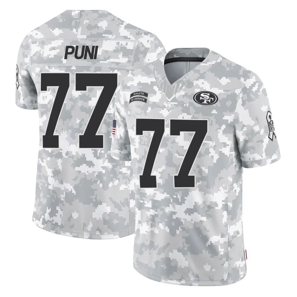 CAdoa SF.49ers #77 Dominick Puni Player Arctic Camo Limited Salute To Service Home Game Stitched Jerseys