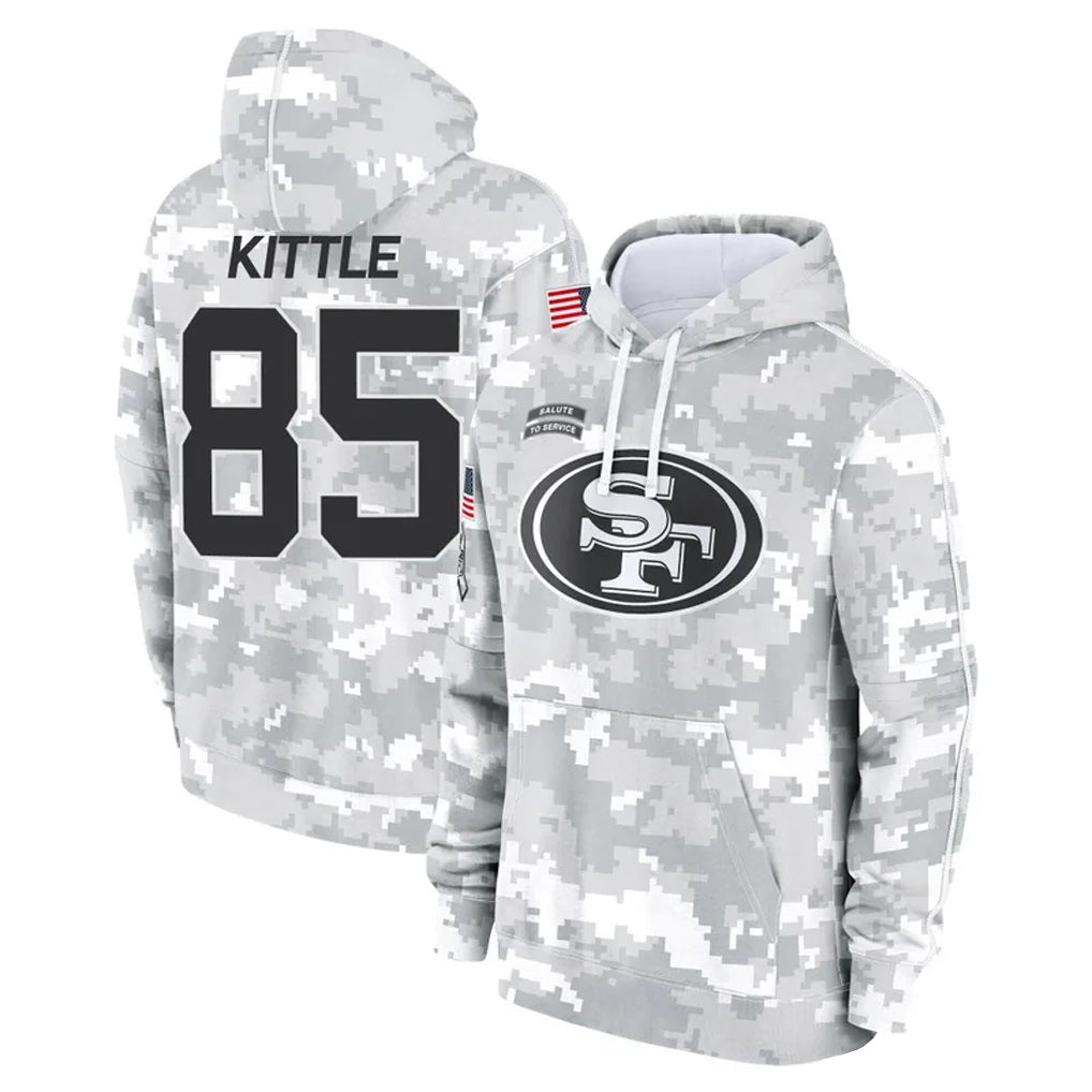 CAdoa SF.49ers #85 George Kittle Player Arctic Camo Salute to Service Hoodies Stitched Jerseys