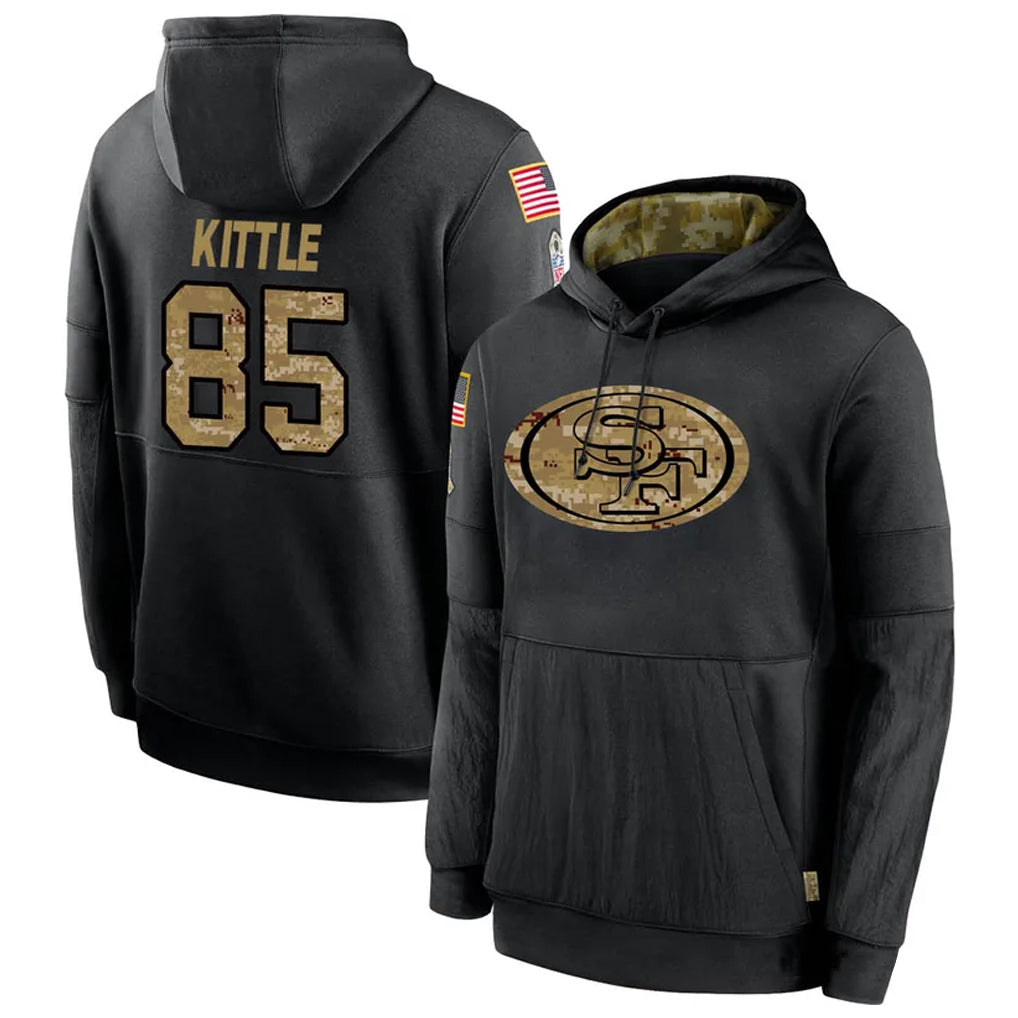 CAdoa SF.49ers #85 George Kittle Player Black Salute to Service Hoodies Stitched Jerseys